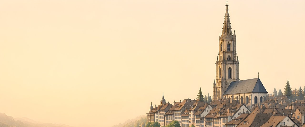 Illustration: Altstadt Bern mit Berner Münster, Aare und Untertorbrücke
